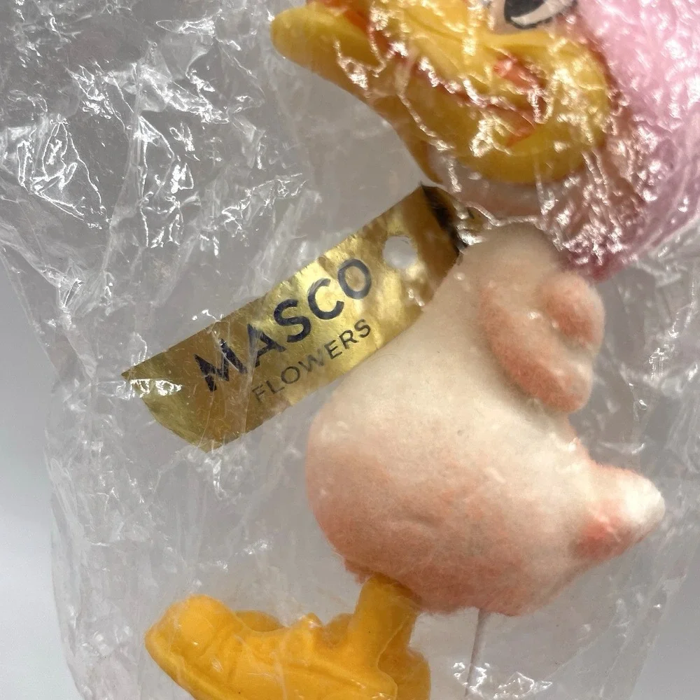 2 Vintage Masco‎ Flowers Flocked Pink Yellow Ducks Floral Picks Hong Kong NOS